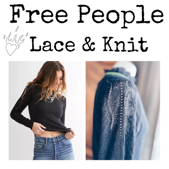 Free People Lace & Knit Mock Neck Tee XL NWT Black Long Sleeve - Picture 2 of 16